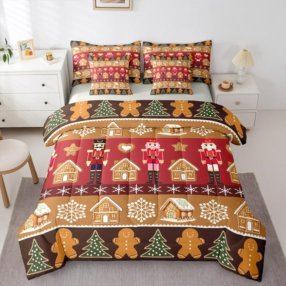 jejeloiu Merry Christmas Bedding Comforter Set 7-Piece,Nutcracker Soldier King Bedding Sets,Cute Snowmen Cookie Bed Sheets For Child,Breathable Home Decor Reversible