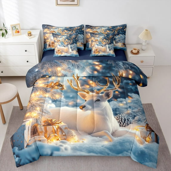 jejeloiu Merry Christmas Bedding Comforter Set 7pcs,Xmas Gift Queen Bedding Sets,Happy New Year Queen Sheet Sets For Girls,Super Cozy Room Decoration Reversible