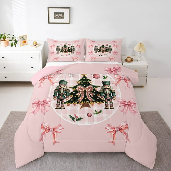 jejeloiu Merry Christmas Bedding Comforter Set,Nutcracker Soldier Twin Comforter Sets,Pink Bowknot Bowtie Bedding Set For Child,Breathable Home Decor Reversible,2-Piece