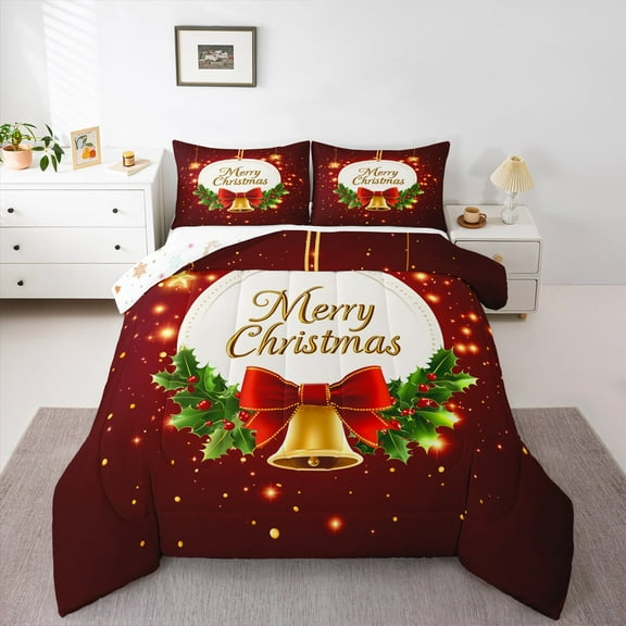 jejeloiu Merry Christmas Bedding Comforter Set,Red Bowtie Gold Bell Twin Comforter Sets,Xmas Berry Bedding Set For Girls,Super Cozy Room Decor Reversible,2-Piece