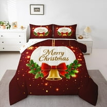 jejeloiu Merry Christmas Bedding Comforter Set,Red Bowtie Gold Bell Twin Comforter Sets,Xmas Berry Bedding Set For Girls,Super Cozy Room Decor Reversible,2-Piece