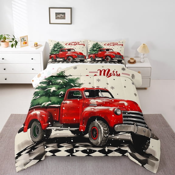 jejeloiu Merry Christmas Bedding Comforter Set,Red Truck Twin Comforter Sets,Green Xmas Tree Bedding Set For Girl,Red White Home Decor Reversible,2pcs