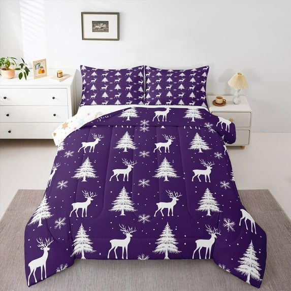 jejeloiu Merry Christmas Bedding Comforter Set,Xmas Tree Deer Twin Comforter Sets,Purple White Snowflake Bedding Set For Girl,Red White Home Decor Reversible,2pcs