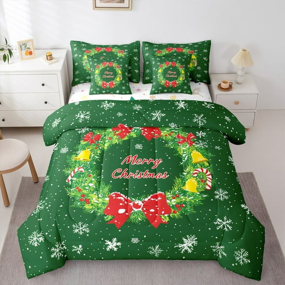 jejeloiu Merry Christmas Bell Twin Bedding Sets 7-Piece,Red Bowtie Bowknot Bedding Comforter Set,White Snowflake Sheet Sets For Girls,Super Cozy Room Decoration Reversible