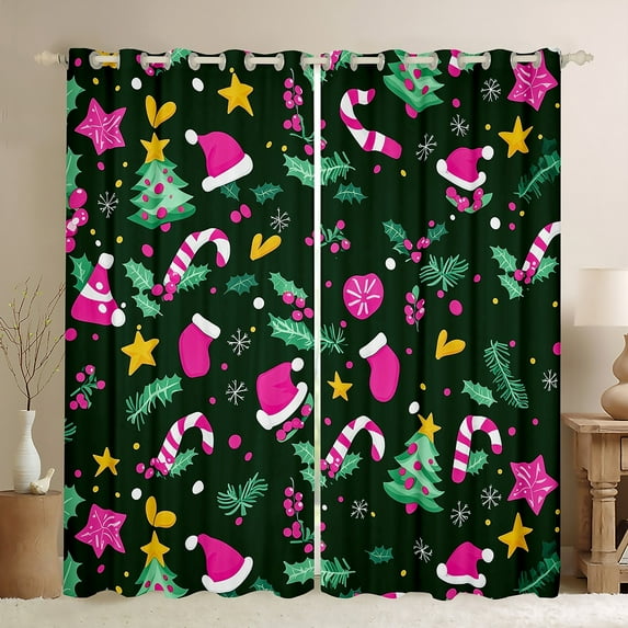 jejeloiu Merry Christmas Black Out Curtains,Xmas Tree Hats Curtains Pack of 2 (42x63 Each),Happy New Year Bedroom Curtains For Girls Boys,Ultra Soft Home Decor