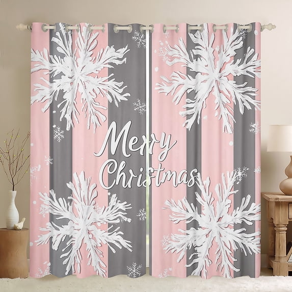 jejeloiu Merry Christmas Curtains Pack of 2 (42x84 Each),White Xmas Snowflake Curtains Blackout,Pink Gray Striped Lines Bedroom Curtains For Girl,Breathable Home Decor