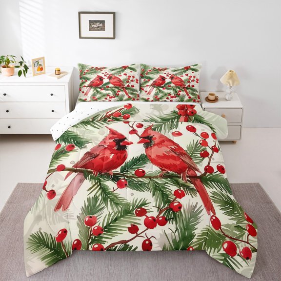 jejeloiu Merry Christmas Full Size Comforter Sets,Red Cardinal Bedding Comforter Set,Xmas Berry Leaves Bedding Sets For Teens,Luxury Bedroom Decor Reversible,3pcs