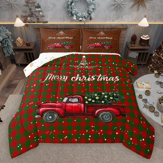 jejeloiu Merry Christmas Full Size Comforter Sets,Xmas Truck Bedding Comforter Set,Red Green Plaid Grid Bedding SetsGirls Teens,Ultra Soft Home Decor Reversible,3 Pieces