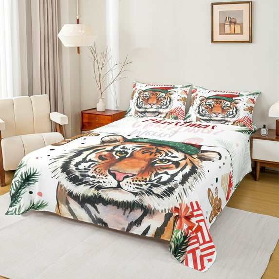 jejeloiu Merry Christmas Full Size Sheets,Cute Tiger Bed Sheets,Zoo Animal Sheet Sets For Boys Girls,Luxury Bedroom Decor,4pcs