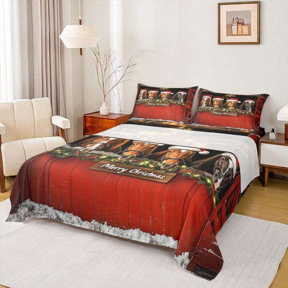 jejeloiu Merry Christmas Full Size Sheets,Farm Animal Horse Bed Sheets,Country Farmhouse Cabin Sheet Sets,Microfiber Bedroom Decor,4 Pieces