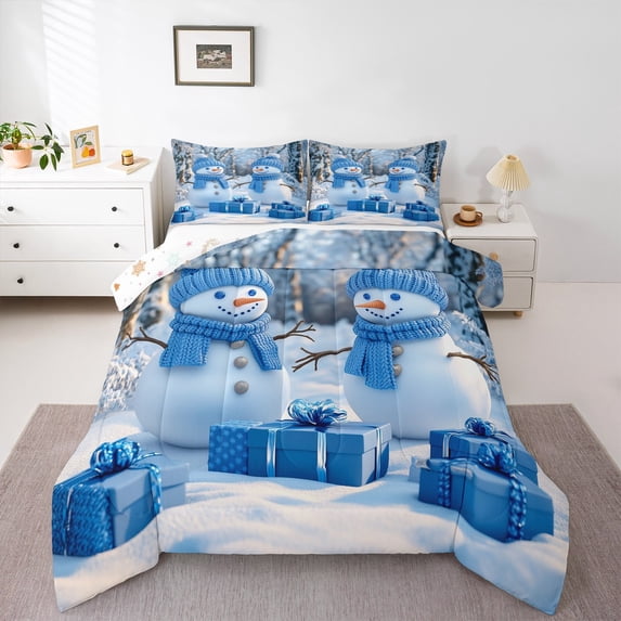 jejeloiu Merry Christmas Gifts Bedding Comforter Set,Blue Xmas Snowman Twin Comforter Sets,Happy New Year Bedding Set For Girls,Super Cozy Room Decoration Reversible,2 Pieces