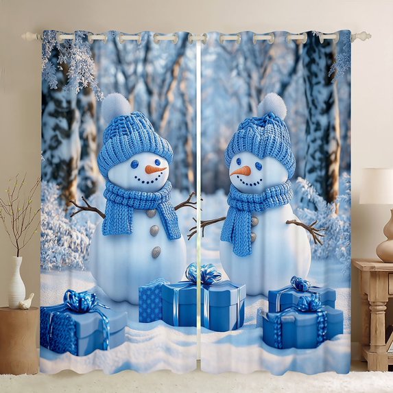 jejeloiu Merry Christmas Gifts Black Out Curtains,Blue Xmas Snowman Curtains Pack of 2 (42x63 Each),Happy New Year Bedroom Curtains For Girls,Super Cozy Room Decoration