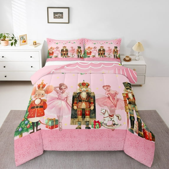 jejeloiu Merry Christmas Queen Comforter Set,Xmas Nutcracker Soldier Bedding Sets,Pink Ballerina Bedding Comforter Set For Child,Breathable Home Decor Reversible,3pcs