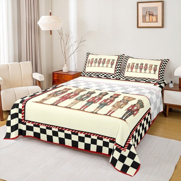 jejeloiu Merry Christmas Queen Sheet Sets,Xmas Nutcracker Soldier Flat Sheet,Beige Black Plaid Queen Fitted Sheet For Child,Breathable Home Decor,4pcs