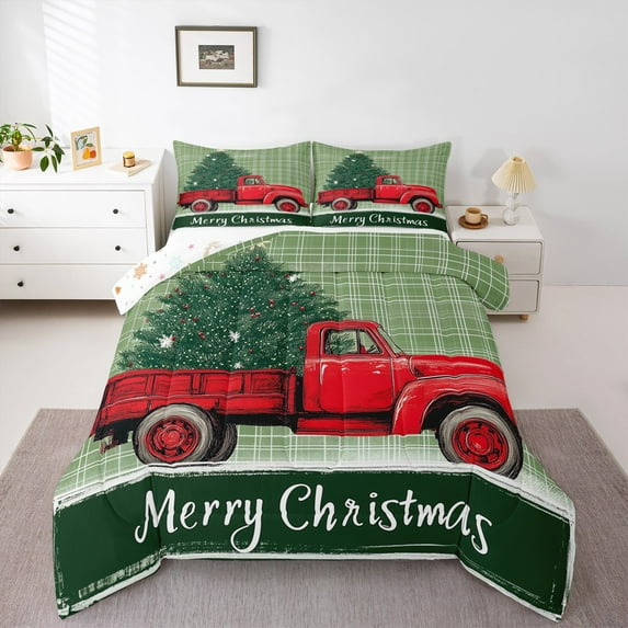 jejeloiu Merry Christmas Tree Bedding Comforter Set,Red Xmas Truck Twin Comforter Sets,Green Geometric Plaid Bedding Set For Children,Super Cozy Room Decor Reversible,2pcs