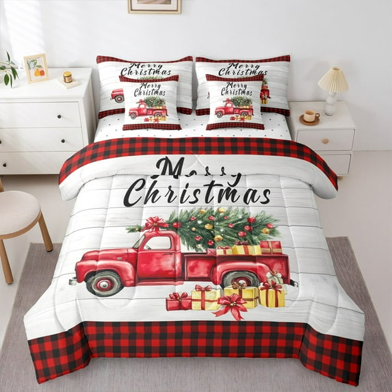 jejeloiu Merry Christmas Tree Twin Bedding Sets 7-Piece,Red Xmas Truck Bedding Comforter Set,Red Geometric Plaid Sheet Sets For Children,Super Cozy Room Decor