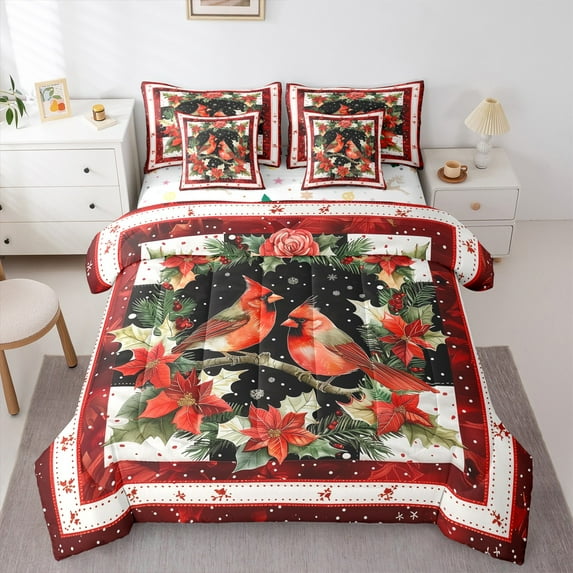 jejeloiu Merry Christmas Twin Bedding Sets 7-Piece,Red Bird Cardinal Bedding Comforter Set,Red Xmas Flower Sheet Sets For Girls Boys,Reathable Home Decor Reversible