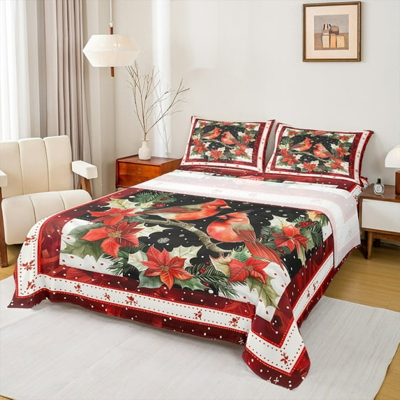 jejeloiu Merry Christmas Twin Sheet Sets,Red Bird Cardinal Twin Fitted Sheet,Red Xmas Flower Flat Sheet For Girls Boys,Reathable Home Decor,3-Piece