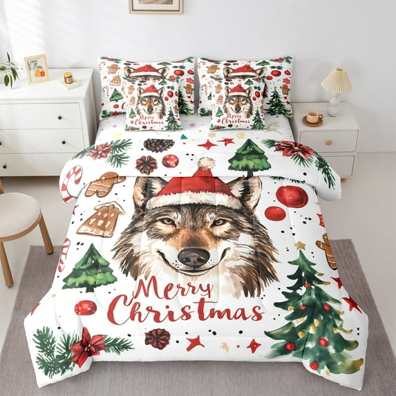 jejeloiu Merry Xmas 7-Piece Bedding Comforter Set,Safari Wolves King Bedding Sets,Chic Christmas Tree Bed Sheets For Boys Teens,Breathable Home Decor Reversible