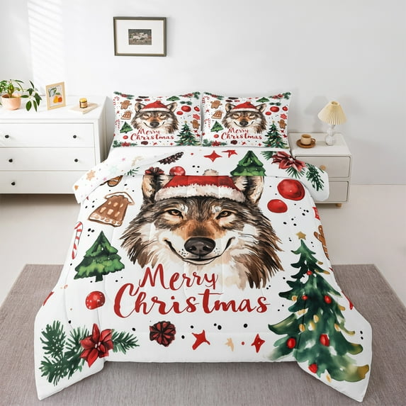 jejeloiu Merry Xmas Bedding Comforter Set,Safari Wolves Twin Comforter Sets,Chic Christmas Tree Bedding Set For Boys Teens,Breathable Home Decor Reversible,2pcs