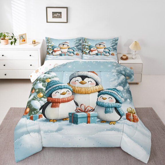 jejeloiu Merry Xmas Queen Comforter Set,Cute Cartoon Penguine Bedding Sets,Western Rustic Cabin Bedding Comforter Set For Children,Microfiber Bedroom Decor Reversible,3pcs