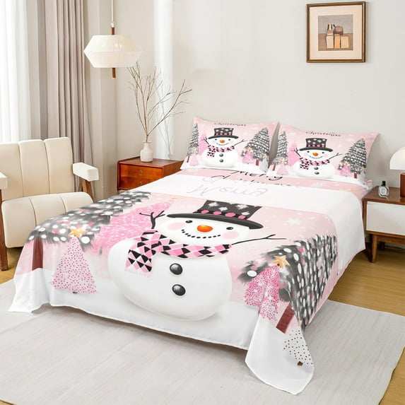 jejeloiu Merry Xmas Twin Sheet Sets,Cartoon Christmas Snowman Twin Fitted Sheet,Abstract Xmas Tree Flat Sheet Fdor Boys Girls,Super Cozy Room Decor,3-Piece