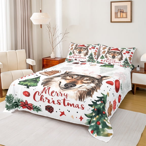jejeloiu Merry Xmas Twin Sheet Set (3-Piece) Safari Wolves Tree Boys Teens Breathable Decor