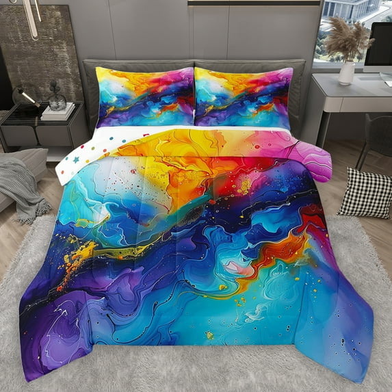 jejeloiu Metallic Texture Print Queen Comforter Set,Liquid Gradient Aesthetic Bedding Sets,Rainbow Ombre Bedding Comforter Set For Teens,Ultra Soft Home Decor Reversible,3pcs