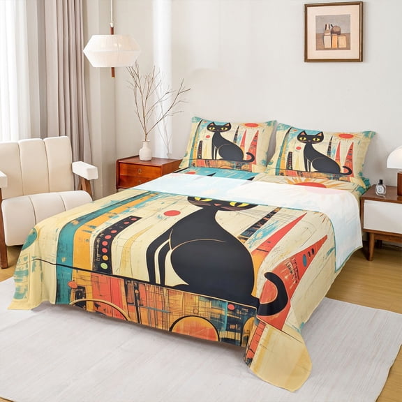 jejeloiu Mid Century Black Cat Art Bed Sheets Kids,Retro Print King Sheets,4-Piece
