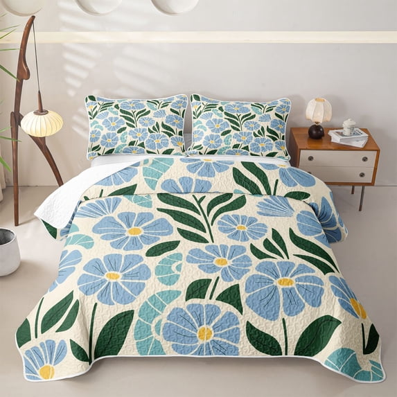 jejeloiu Mid-Century Floral Twin Quilt Set For Girls,Minimal Pattern Twin Coverlet Set,Blue Cream Green,2 Pieces