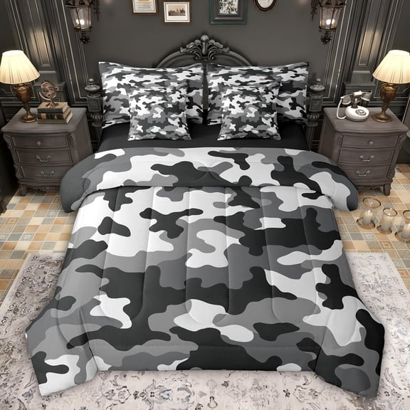 jejeloiu Military Camo Pattern 7-Piece Bedding Comforter Set,White Gray Black King Bedding Sets For Girls Women Reversible