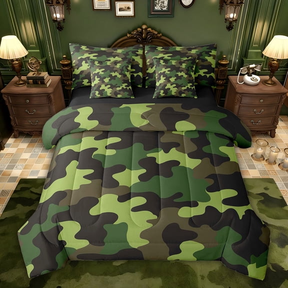 jejeloiu Military Camo Pattern 7pcs Bedding Comforter Set,Green Camouflage Queen Bedding Sets For Girls Women Reversible