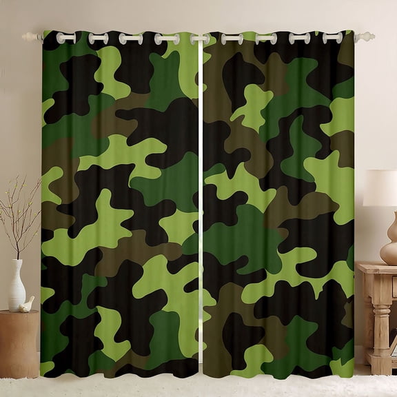 jejeloiu Military Camo Pattern Black Out Curtains,Green Camouflage Curtains Pack of 2 (42x63 Each) For Girls Women
