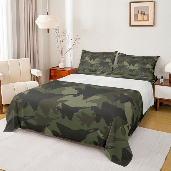jejeloiu Military Camouflage Twin Sheet Sets,Retro Airplane Aircraft Bedding For Boys Kids 3 Pieces