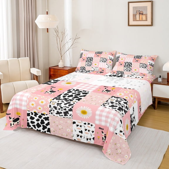 jejeloiu Milk Cow Pattern Twin Sheet Sets,Western Cowgirls Theme Twin Fitted Sheet,Pink Patchwork Geometric Chekcered Flat Sheet For Girls Kids,Microfiber Bedroom Decor,3 Pieces