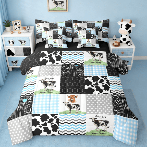 jejeloiu Milk Cow Twin Bedding Sets 7-Piece,Rustic Farm Animal Bedding Comforter Set,Geometric Stripes Dot Sheet Sets For Child,Luxury Bedroom Decor Reversible