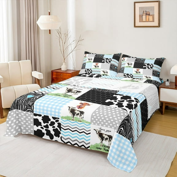 jejeloiu Milk Cow Twin Sheet Sets,Rustic Farm Animal Twin Fitted Sheet,Geometric Stripes Dot Flat Sheet For Child,Luxury Bedroom Decor,3pcs
