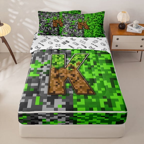 jejeloiu Miners Video Game Zipper Twin Comforter Sets with Fitted Sheet and 2 Pillowcases For Boys,Green Gray Pixelated Check Letter K Zipper Bedding Set For Kids,Reversible,4-Piece