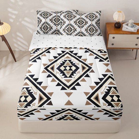jejeloiu Minimal Aztec Zipper Twin Comforter Sets with Fitted Sheet and 2 Pillowcases,Diamond Pattern Zipper Bedding Set For Boys,White Black,Reversible,4-Piece