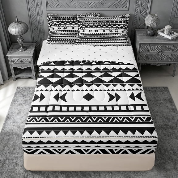 jejeloiu Minimal Aztec Zipper Twin Comforter Sets with Fitted Sheet and 2 Pillowcases For Men Women,Bold Tribal Zipper Bedding Set,Black White,Reversible,4 Pieces