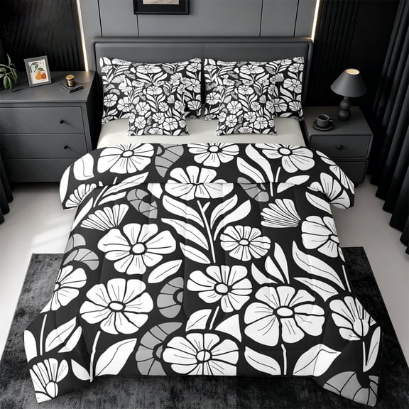jejeloiu Minimal Floral 7 Pieces Full Size Bedding Sets For Girls,Graphic Print Full Size Bed in a Bag,Black White,Light Gray Reversible