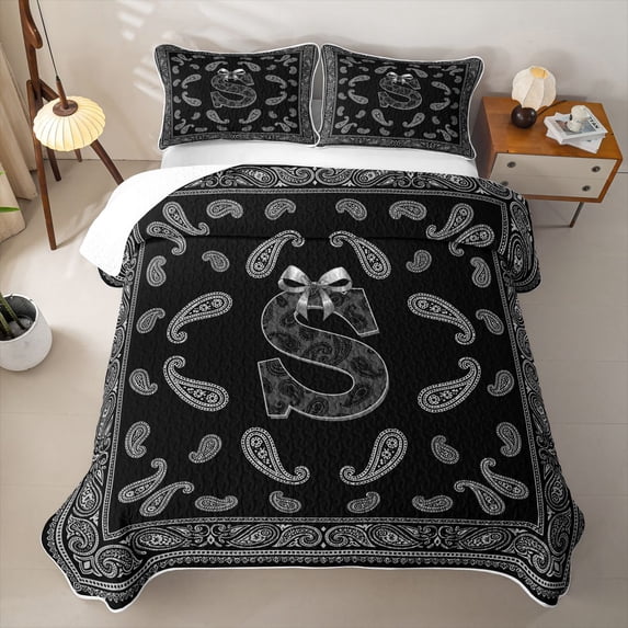 jejeloiu Minimal Paisley Bed Spread Queen For Men Women,Personalized Initial S Queen Coverlet Set,Black White,3 Pieces