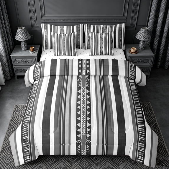 jejeloiu Minimal Striped 7pcs Queen Bedding For Men Women,Modern Aztec Print Bedding Comforter Set Queen,Black White Gray,Reversible