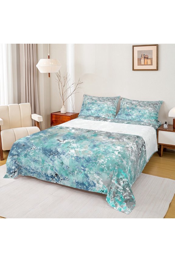 Minimalism Graffiti Bed Sheets,Geometric Oil Painting King Sheets,Blue Gray Ombre Sheet Set For Girl Boys,Luxury Bedroom Decor,4pcs