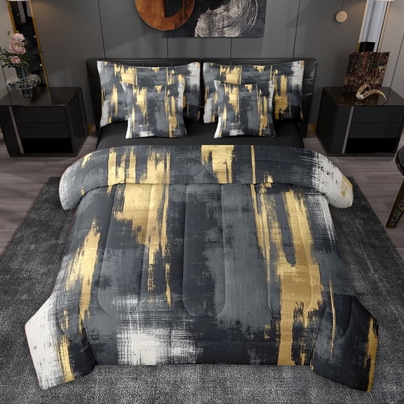 jejeloiu Minimalist Aesthetic Artwork 7pcs Bedding Comforter Set,Black Gold Graffiti Queen Bedding Sets For Girls Kids Reversible