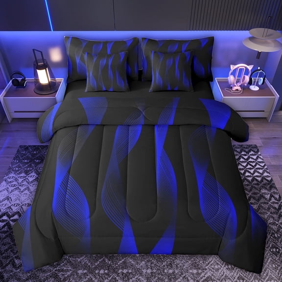 jejeloiu Minimalist Geometric Artwork 7 Pieces Bedding Comforter Set,Blue Stripes Line Full Bedding Set For Kids Reversible