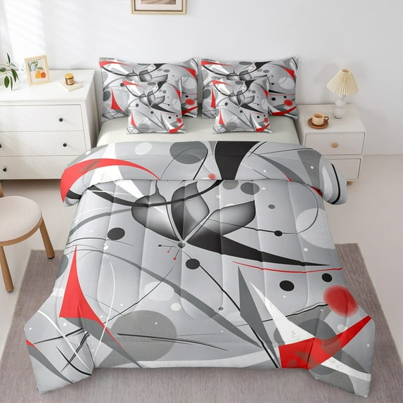 jejeloiu Minimalist Geometric Art Bedding Comforter Set 7 Pieces,Aesthetic Geometric Full Bedding Set,Mid Century Vintage Fitted Sheet Flat Sheet,Lightweight Room Decor Reversible
