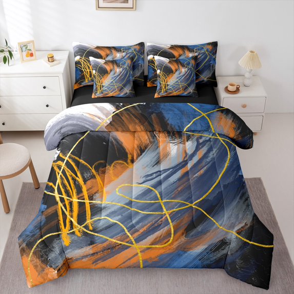 jejeloiu Minimalist Watercolor Bedding Comforter Set 7pcs,Modern Geometric Aesthetic Queen Bedding Sets,Orange Blue Black Queen Sheet Sets For Men Women,Lightweight Room Decor Reversible