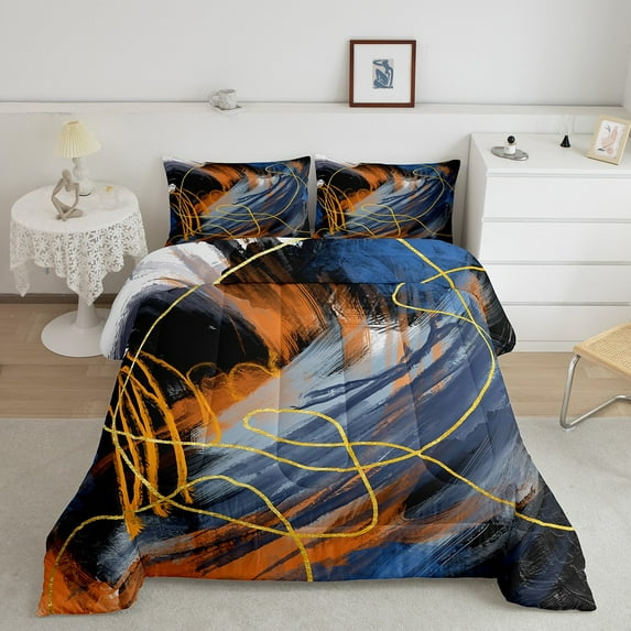 jejeloiu Minimalist Watercolor Bedding Comforter Set,Modern Geometric Aesthetic Twin Comforter Sets,Orange Blue Black Bedding Set For Men Women,Lightweight Room Decor Reversible,2pcs
