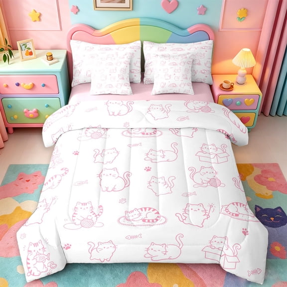 jejeloiu Mixed Pink Cat Cute 7-Piece Twin Bedding Sets Kids,Girly Kitten Pattern Bedding Comforter Set,Reversible